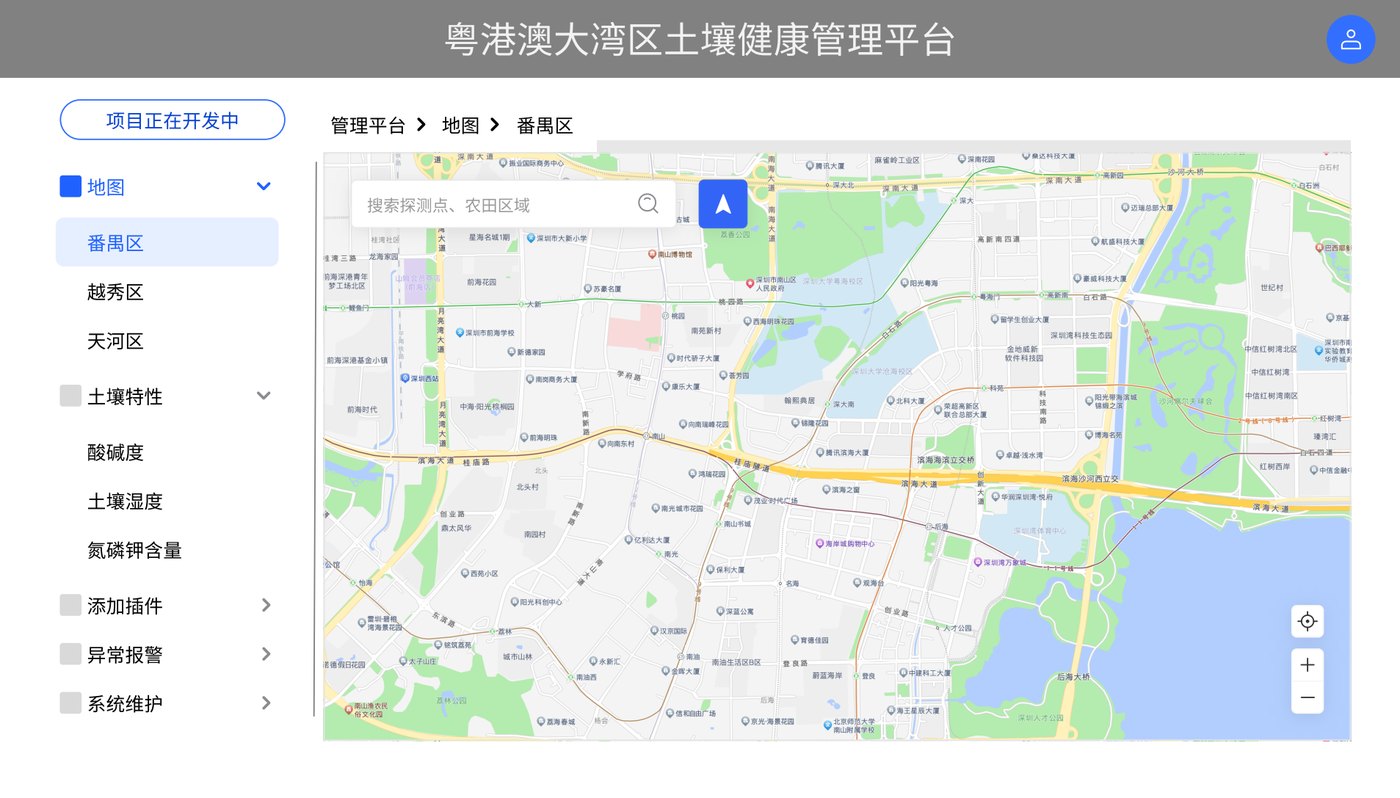 平台界面 · 地图视图，按行政区划展示监测点位